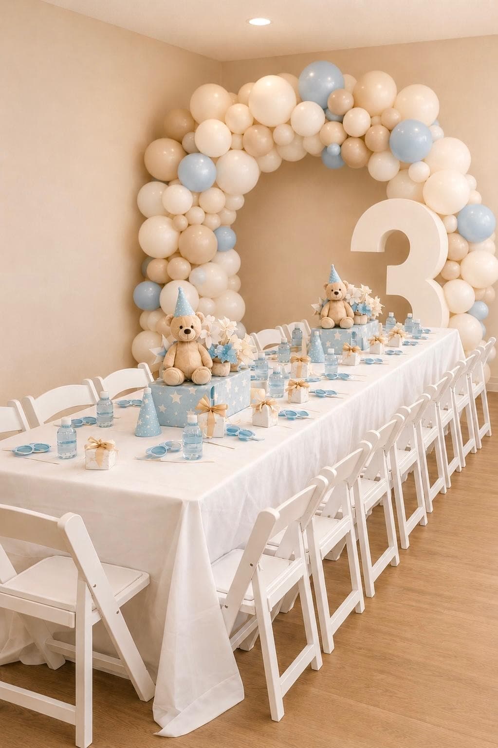 Cream balloon arch with Happy Birthday sign over a long banquet table set with white chairs, white tablecloth, and floral centerpiece