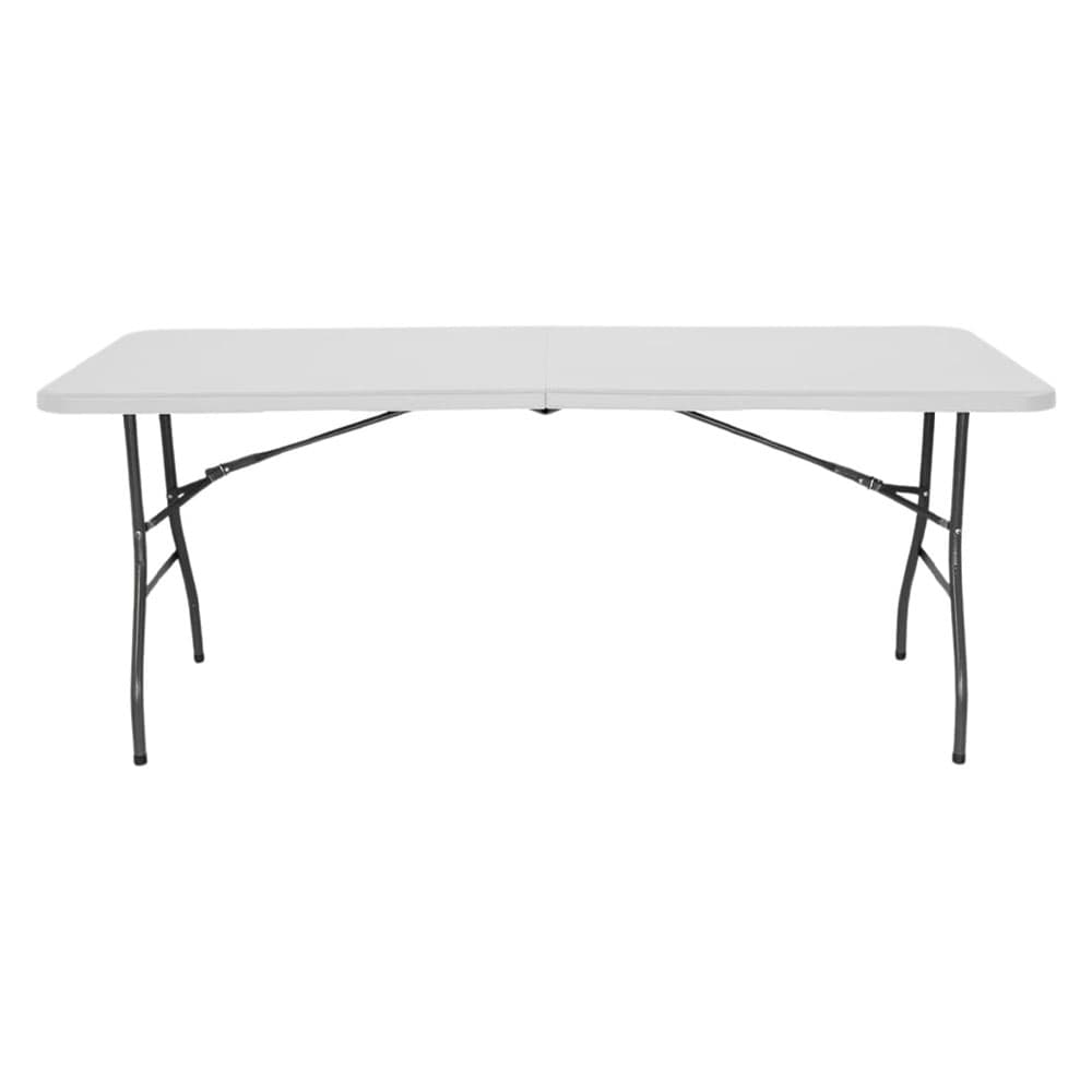 White 6 ft fold-in-half buffet table at adult height, front view
