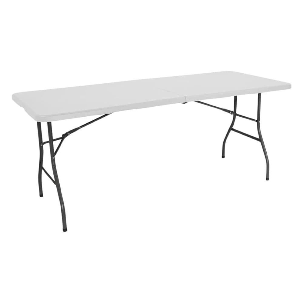White 6 ft fold-in-half buffet table from the side, showing metal folding legs